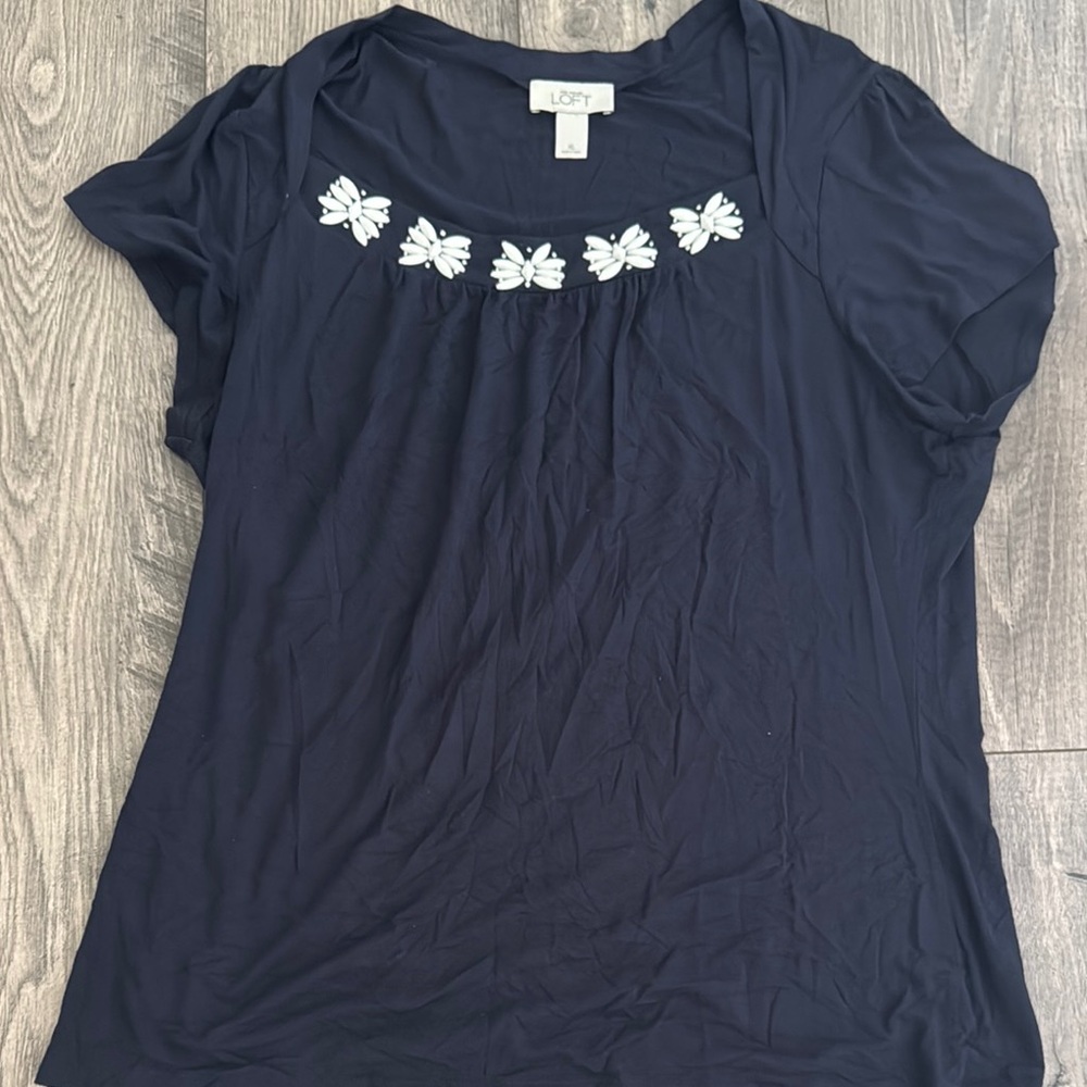 LOFT Navy Blouse with White Floral Detail